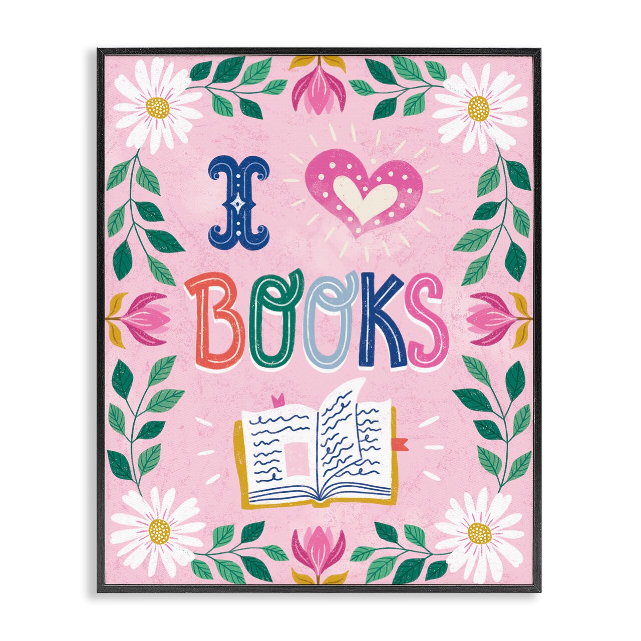 Stupell Industries Floral I Love Books Framed Giclee, design by Vanessa Stoilova